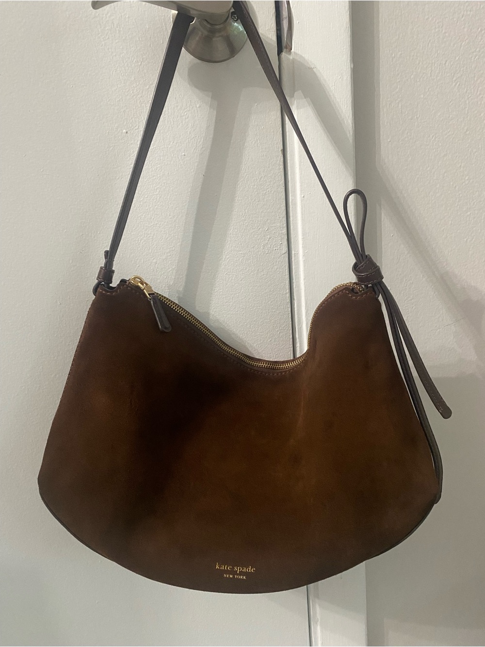 kate spade Brown Suede Crescent Shoulder Bag with Gold Hardware Loop Bag
